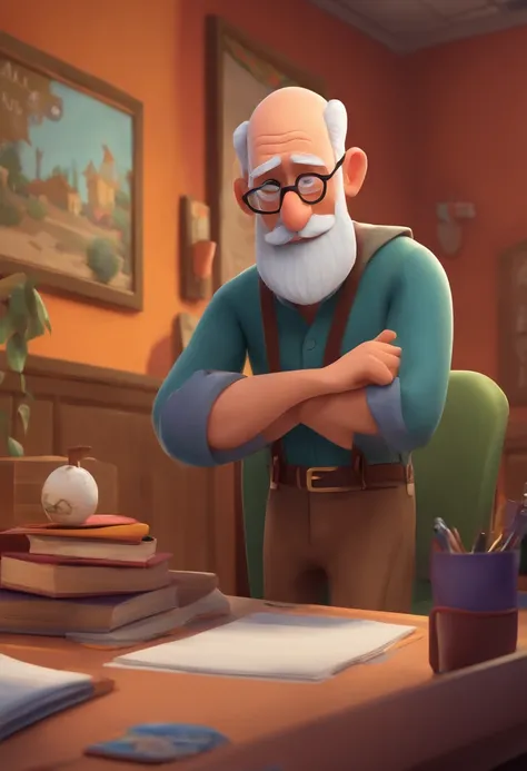 a pixar-style cartoon character, a 60-year-old man, very thin, with gray and bald hair, a beard all over his face, inside a school board office in the UP ALTAS AVENTURAS style