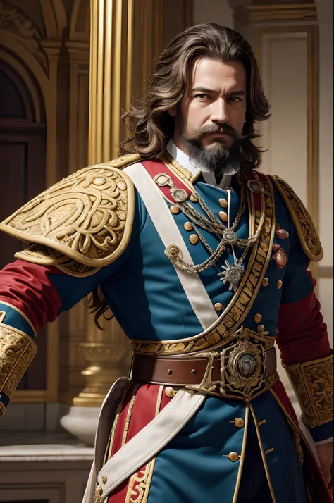 (bright colours,bright colours), (Best Quality, hight resolution), baroque, Orus, Brave Musketeer, Ceremonial uniform, full-length portrait, Mustachioed and bearded man, Silver Warrior, Ball in a huge hall, dancing , 18th century, Photorealistic, photo, Ma...