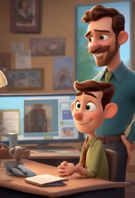 a pixar-style cartoon character, a 30-year-old thin man, with brown and bald hair, a brown goatee ,and a round face inside a school board office in the UP ALTAS AVENTURAS style using no glasses