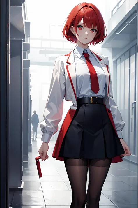 1woman, short red hair, golden eyes, white lab coat, blue shirt, black skirt, red tights, standing on ground, high res, ultra sharp, 8K, masterpiece