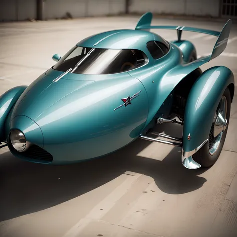 Aerodynamic futuristic concept car, retro 1940s style, cammera 200m