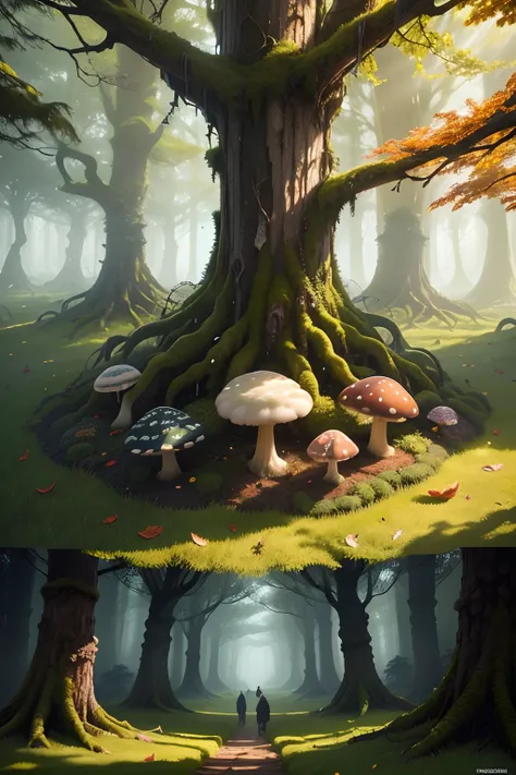 A highly detailed deep tranquil mossy forest, The trees are covered in moss, autumn coloured leaves, a sense of freedom and peace, a sunrise casts shadows across the ground, Psychedelic, Isometric Mushrooms, artstation, contour, hyperdetailed intricately d...