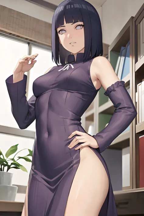 hinata(boruto), 1girl, solo,mature female,
BREAK wearing dress, purple dress, ribbed dress, detached sleeves, sleeveless,
BREAK looking at viewer, full body, (cowboy shot:1.5), standing,pose, hand on hip,
BREAK indoors, library,
BREAK (masterpiece:1.2), be...