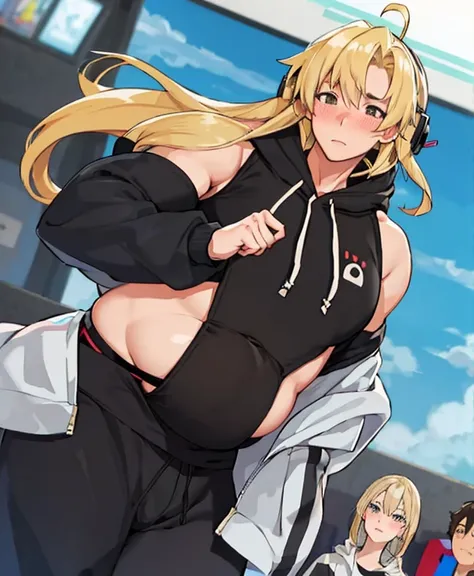 anime boy, large belly, round belly, big belly, chubby, shoulder-length hair, blonde hair, headphones, blushing, embarrassed, brown eyes, hoodie, erection, bulge