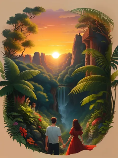 prehistoric forest jungle with flowers and plants, with a couple looking out, man and woman holding hands, same height, woman in long red dress, man in olive shorts and white shirt, sunset landscape, birds in sky, flowers, small waterfall, T-shirt design, ...