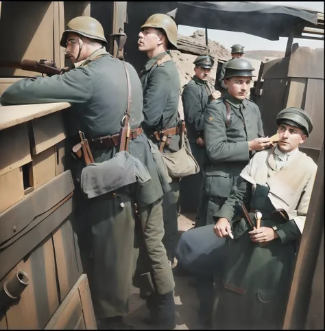 soldiers in uniform are standing in a line near a counter, colourized, colorized 1 9 0 4 photo, colorized photograph, colorized,...