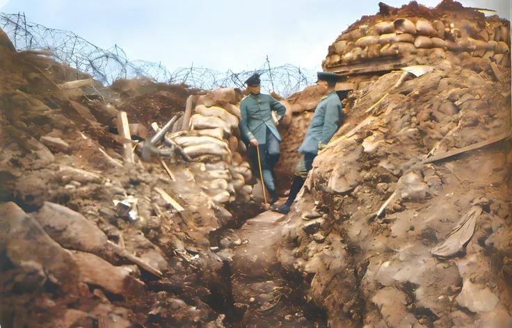 there are two men standing on a rocky hill with a shovel, ww1 trench, in trenches, trenches, trench sandbags in background, russ...