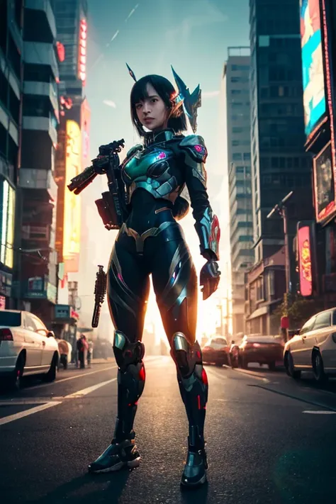 boutique,Best Quality,Gold Jewelry,(Slipping off the foot),Fairy skin,(fidelity :1.2),Standing,super detailed,Realistic,High quality,Movie Light,Ray Tracking,Ultra HD,Upper body, Girl in shorts and jacket standing next to giant robot, Artwork in the style ...