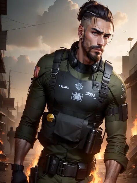 Um tiro de corpo inteiro, ((candid shot)), Special Operations, Soldado, ((cabelo grande)), call of duty, Tecnologia de ponta, ((rosto detalhado)), (((Man, strong features, olhar determinado, distopia , Nuca, macho))), (((sharp jaw))), ((facial hair)), HDR,...