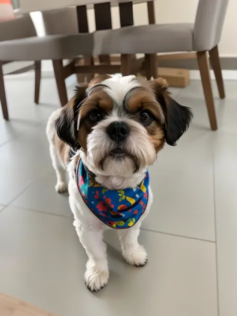 there is a small dog that is wearing a bandana on the floor, looking towards the camera, goggles around his neck, scruffy looking, smirking at the camera, looking straight to the camera, front facing the camera, looking at the camera, looking to the camera...