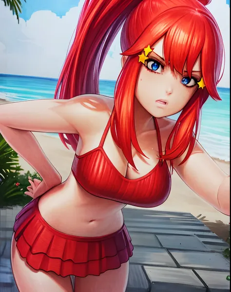 masterpiece, best quality,(best shadow),1girl,looking at viewer,expressive eyes, marker (medium), traditional media  red hair, blue eyes, star hair ornament, red bikini, beach, ponytail, leaning forward, shy