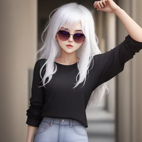 White hair, purple eyes, sunglasses, lean, black shirt