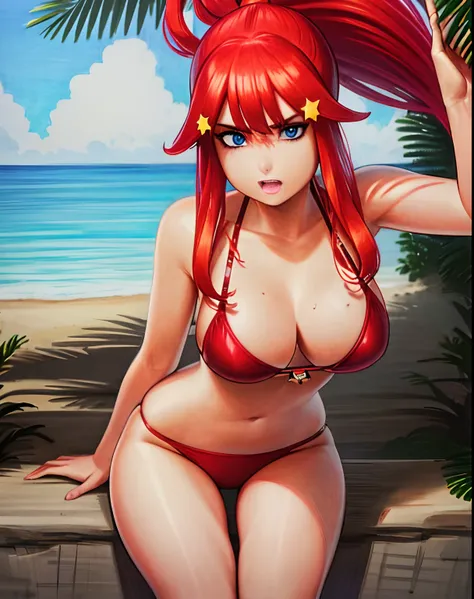 masterpiece, best quality,(best shadow),1girl,looking at viewer,expressive eyes, marker (medium), traditional media  red hair, blue eyes, star hair ornament, red bikini, beach, ponytail, leaning forward, big boobs