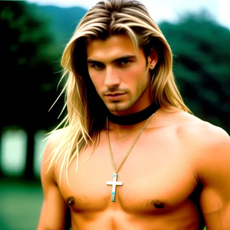 Hot man standing with cross on his neck long shoulder blond hair, model 90s