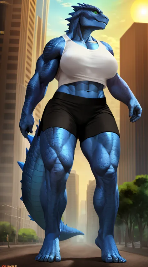 Cinematic frame shot, solo ((godzilla)) with ((green eyes, clear green eyes)), ((full-length portrait)), (((((wearing a short white top and black shorts, barefoot)))), (((detailed Chunie anthro godzilla))), (Walking in a modern city, buildings in the backg...