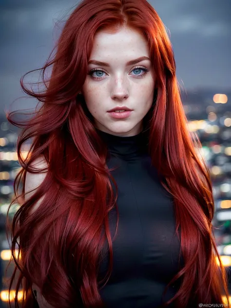 Masterpiece, (((24-year-old red-hair Ireland girl with charm face)))  (((focus on eyes))) (((night city, dark in Los Angeles))) entire body in frame (((detailed and realistic image, full-frame))) eyes are in sharp focus (((long hair))) (((accurate hands, a...