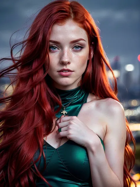 Masterpiece, (((24-year-old red-hair Ireland girl with charm face)))  (((focus on eyes))) (((night city, dark in Los Angeles))) entire body in frame (((detailed and realistic image, full-frame))) eyes are in sharp focus (((long hair))) (((accurate hands, a...