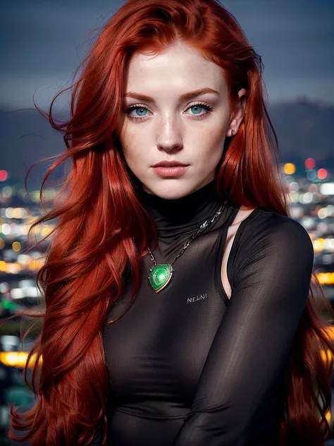 Masterpiece, (((24-year-old red-hair Ireland girl with charm face)))  (((focus on eyes))) (((night city, dark in Los Angeles))) entire body in frame (((detailed and realistic image, full-frame))) eyes are in sharp focus (((long hair))) (((accurate hands, a...