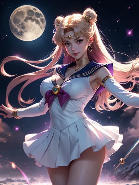 Sailor Moon, sexy short skirt, wind blowing, (no-panties), cleavage, sexy, open blouse, magical transformation, moonlight glow, starry background, radiant smile, flowing hair, celestial power, elegant pose, graceful movements, mystical aura, cosmic energy,...