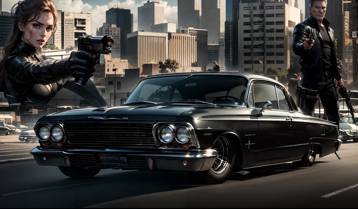 um imponente, Classic black 1962 Chevy Impala in the foreground, behind a close-up of a beautiful gangster Angelina Jollie holding a pistol and a gangster Harrison Ford standing armed with a pistol and the sun and buildings of a street in the USA