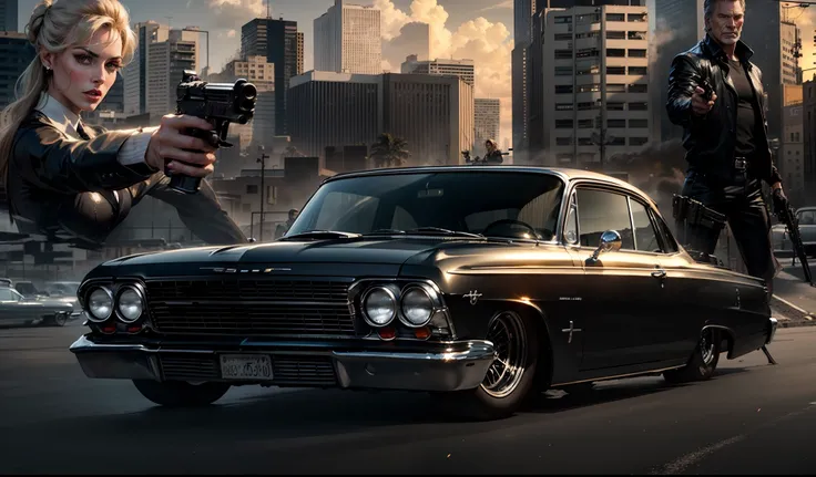 um imponente, Classic black 1962 Chevy Impala in the foreground, behind a close-up of a beautiful gangster Angelina Jollie holding a pistol and a gangster Harrison Ford standing armed with a pistol and the sun and buildings of a street in the USA