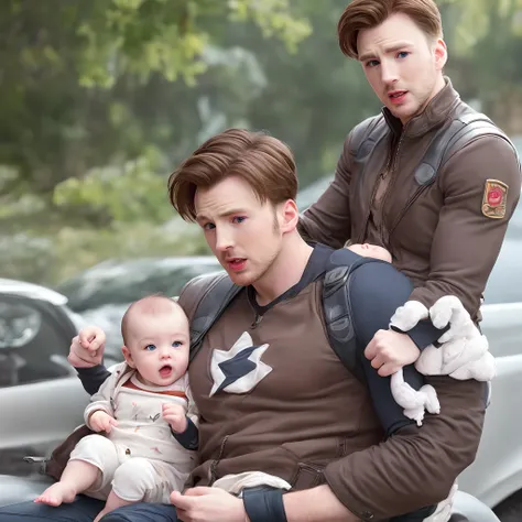 Create images where Chris Evans is being accompanied by a baby, um filho dele.