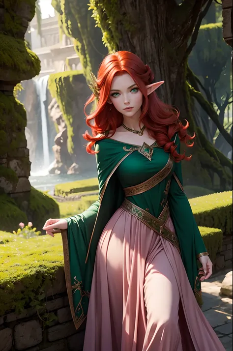 adult, beautiful, redhead, side part hairstyle, dark green eyes, pink dress, elf, sorcerer, fantasy