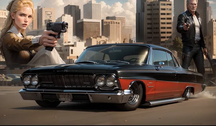 um imponente, Pontiac GTO 1965 classic black in the foreground, behind a close-up of a gangster Harrison Ford armed with a pistol and a beautiful gangster Angelina Jollie holding a pistol and the sun shining in the sky with clouds on the buildings and buil...