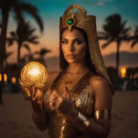 best quality, portrait of a beautiful, curvy woman with green eyes, in futuristic headdress inspired by an ancient egypt king and Cleopatra, Tutankhamun, snake, gold, silver, stones, scarab beetle, microchips, Integrated Circuit, cabels, electric glow, ret...