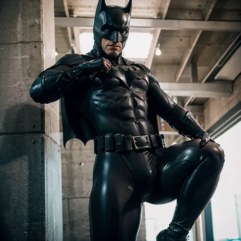 Batman showing his bulge in latex leggings