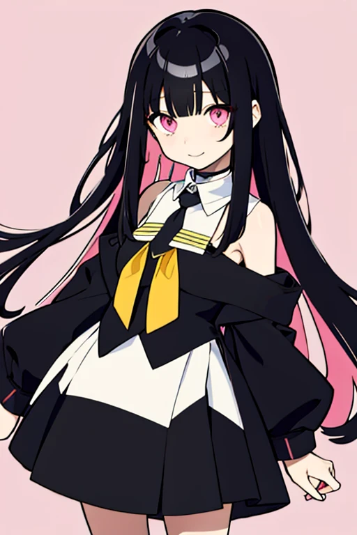 (2D)、(flat-colors)、(colourfull),1girll、独奏,Look at viewers,Black hair、Pink eyes、hime-cut、With bangs、straight haired、length hair、Hair flowing from the neck to the chest、hightquality、hime-cut, Tidy hair，By bangs,Himecut hairstyle, cabelos preto e longos，thick...