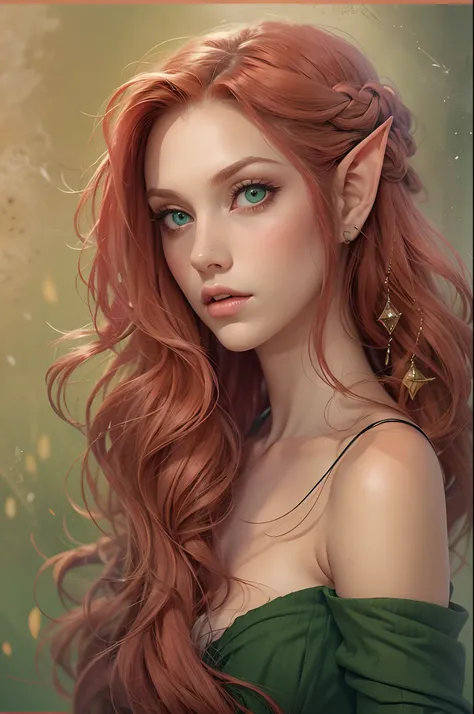 adult, beautiful, redhead, side part hairstyle, dark green eyes, pink dress, elf, sorcerer, fantasy, cursed