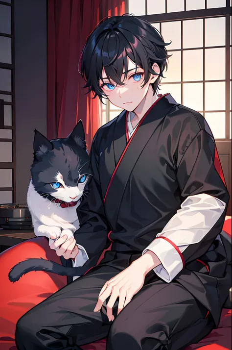 male people　A dark-haired　blue eyess　Black slacks　Sweaters　Red coat　Black socks　Japanese houses　in a house　Cuddle the cat　​masterpiece　Top image quality　Clear 　cinematic shadow　Increased attractiveness of the eyes　Clear the shine of the eyes　Draw eyelashes...