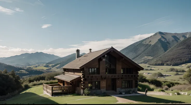 Large wooden house in a mountain landscape, Idyllic scene, lujo, tranquilidad, minimalismo colores pastel, realista