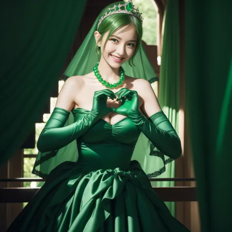 emerald tiara, Green Pearl Necklace, Boyish very short green hair, lipsticks, Japan woman smiling, very short short hair, big breasts beautiful, Green eyes, Long green gloves made of satin material, Green eyes