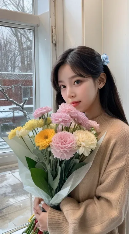 woman holding a bouquet of flowers in front of a window, with flowers, holding flowers, with frozen flowers around her, blooming, inspired by Yujin from IVE and Tzuyu from Twice