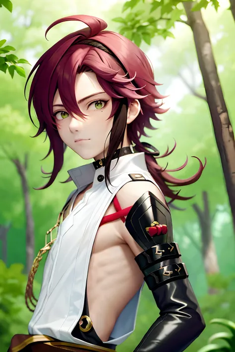 masterpiece, best quality,Shikanoin Heizou (genshin impact), 1boy, male focus, kurokote, green eyes, kote, multicolored hair, mole under eye, red hair, solo, mole, black choker, japanese armor, looking at viewer, choker, armor, streaked hair, aiguillette, ...