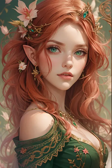 adult, beautiful, redhead, side part hairstyle, dark green eyes, pink dress, tiara, elf, sorcerer, fantasy, magical, floral