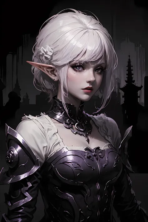 (dark fantasy:1.3), (black and purple theme:1.3), (dark theme:1.3), (in the dark:1.3), (1dark elf:1.3), solo, portrait of extremely pretty and cool beauty female dark elf, wearing a dark gothic dress, in front of Japanese Temple Torii, Torii, ruined temple...