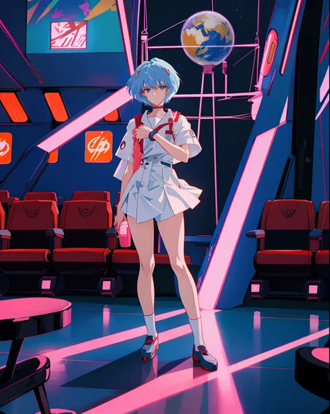 Girl holding a globe in her hands in a movie theater, 90 Anime Aesthetics, Neon style, rei ayanami, from evangelion, Retro anime, absurdres, high res, ultrasharp, 8K, masterpiece