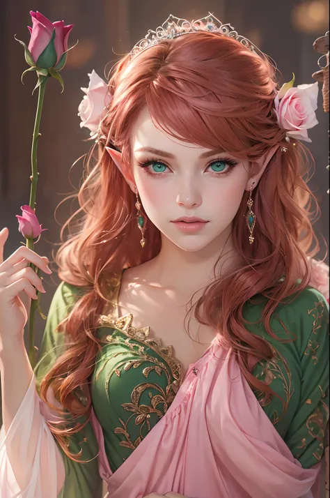 adult, beautiful, redhead, side part hairstyle, dark green eyes, pink dress, tiara, elf, sorcerer, fantasy, magical, pink roses