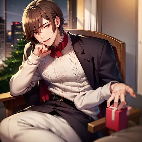 Elegant man sitting in a chair, handsome anime man, snowing outside window behind him, christmas time, snowing, knitted clothing, fireplace, presents near a christmas tree