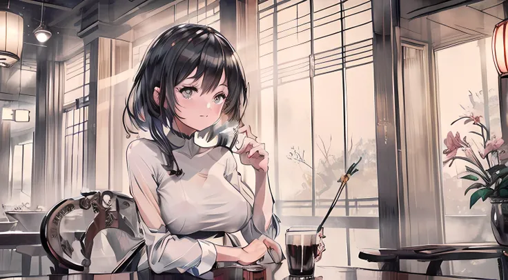 sexy woman drinking coffee in a cozy japanese café from 1920, (Sharp focus:1.3), high detail, wearing (tight shirt:1.2), beautiful detailed face (attractive young woman:1.3), (seductive:1.1), (blushing:1.1), hourglass body shape, small round breasts, wide ...