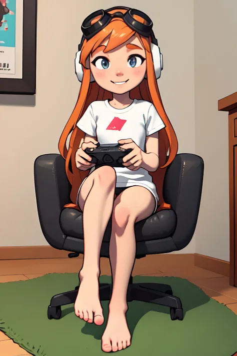 masterpiece, best quality, meggy, headphones, goggles on head, white shirt, white panties, barefoot, no shoes, perfect feet, full body, smile, sitting in living room playing video games