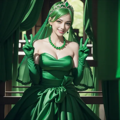 emerald tiara, Green Pearl Necklace, Boyish very short green hair, lipsticks, Japan woman smiling, very short short hair, big breasts beautiful, Green eyes, Long green gloves made of satin material, Green eyes, v sign,V-sign with both hands, Emerald Earrin...