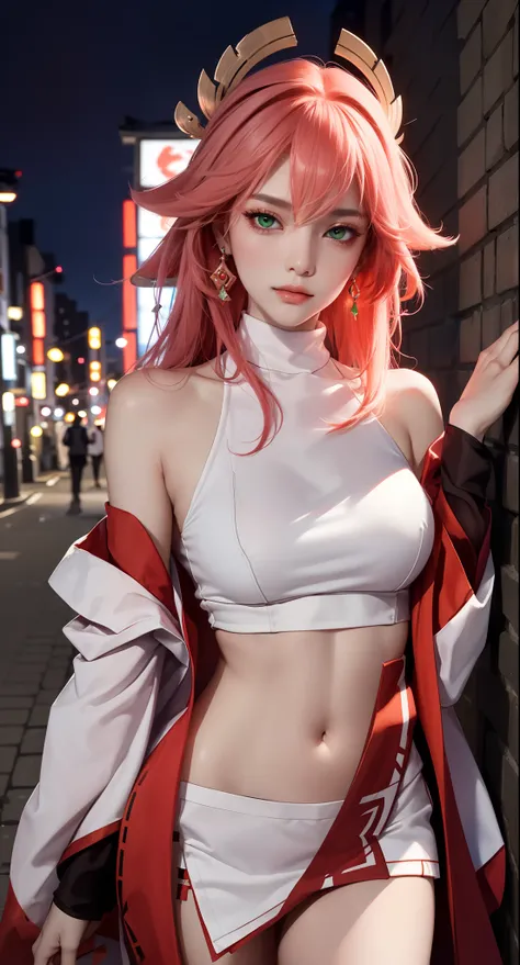 (Masterpiece, Excellent, 1girl, solo, complex details, color difference), realism, ((medium breath)), off-the-shoulders, big breasts, sexy, Yae Miko, long pink hair, red headdress, red highlight, hair above one eye, green eyes, earrings, sharp eyes, perfec...