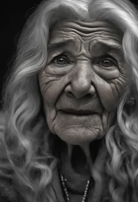 An old woman with flowing silver hair under a dark moon. (best quality,4k,8k,highres,masterpiece:1.2),ultra-detailed,(realistic,photorealistic,photo-realistic:1.37), HDR, UHD, studio lighting, ultra-fine painting, sharp focus, physically-based rendering, e...