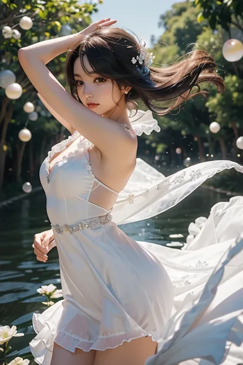 Araffe in a dream white transparent dress, Diosa japonesa, obra maestra, La mejor calidad, dancing pose, Dynamic Angle, campos de belladonna, dynamic background, fondo floral bokeh, 1girl, En pie, vestido flowinggown, Flowing Gown, floating hair. floating ...