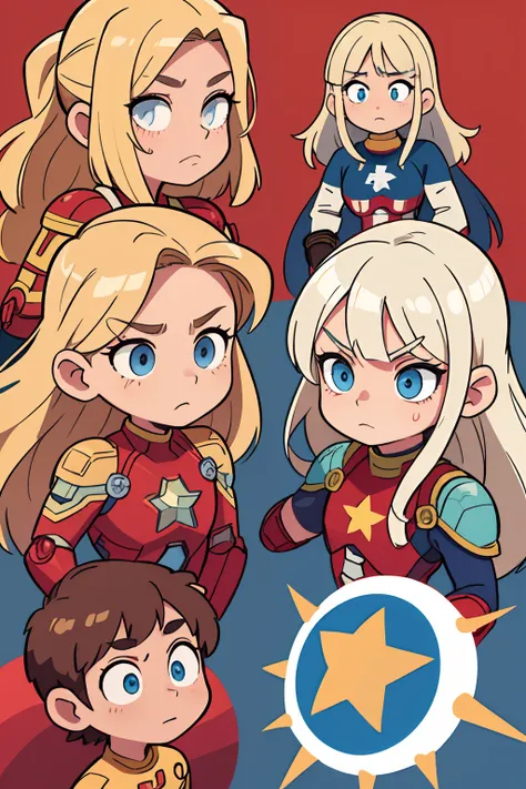 Garotinha, pele azul, cabelos alaranjados, medium hair, olhos azuiw, Wearing red and yellow metallic iron man armor with white background next to a blonde girl with long hair tied in two blue eyes and wearing Captain Americas uniform