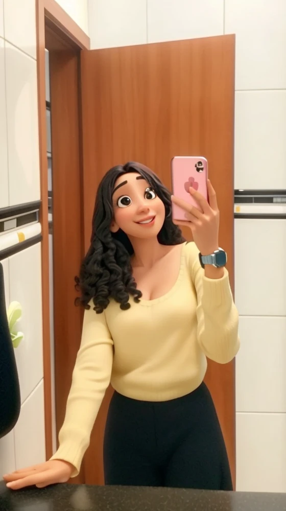 mulher tirando uma selfie em um espelho do banheiro com um telefone rosa, taken in the early 2020s, 18 anos, estilo pixar, alta resolução